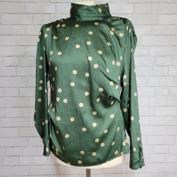 Zara Tops - Zara Satin Green Polka Dot Mock Neck Blouse